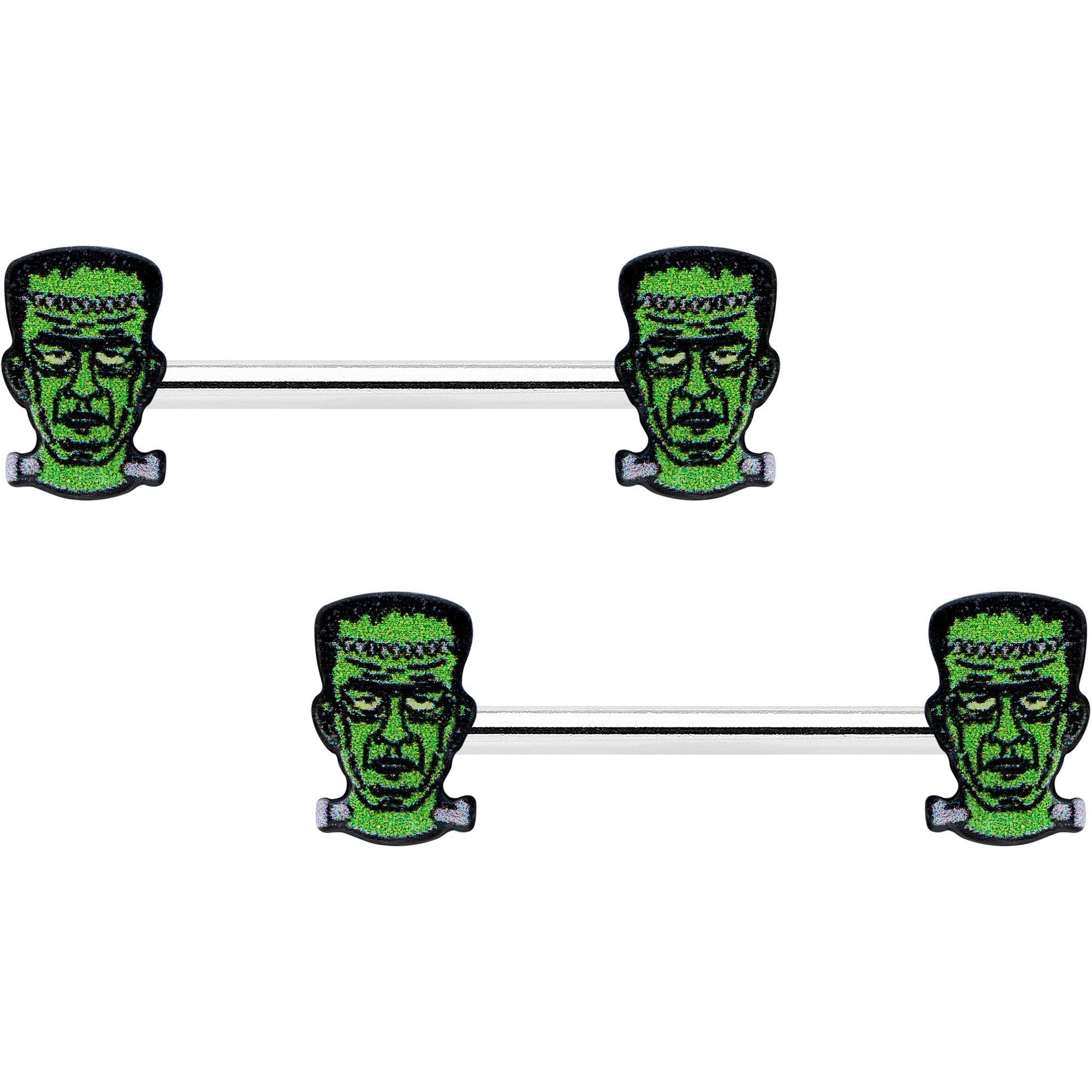 BodyCandy 14G 9/16 Frankenstein Head Green Glow in the Dark Nipple Ring Set — main product shot