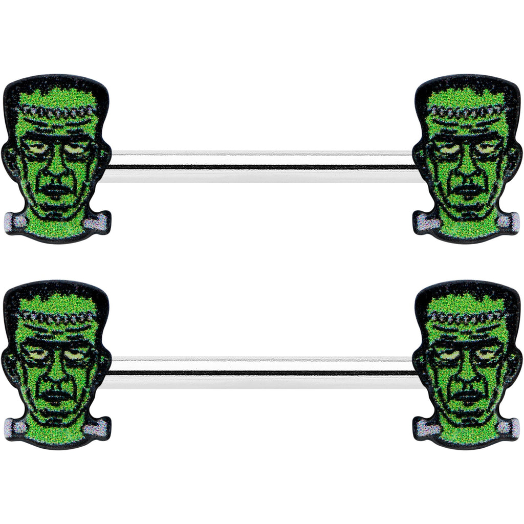 BodyCandy 14G 9/16 Frankenstein Head Green Glow in the Dark Nipple Ring Set — detail close-up