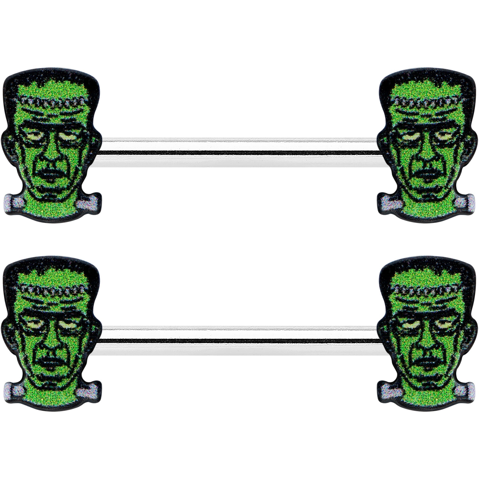 BodyCandy 14G 9/16 Frankenstein Head Green Glow in the Dark Nipple Ring Set — detail close-up