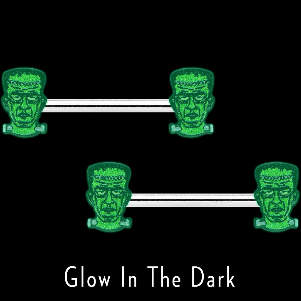 BodyCandy 14G 9/16 Frankenstein Head Green Glow in the Dark Nipple Ring Set — lifestyle context