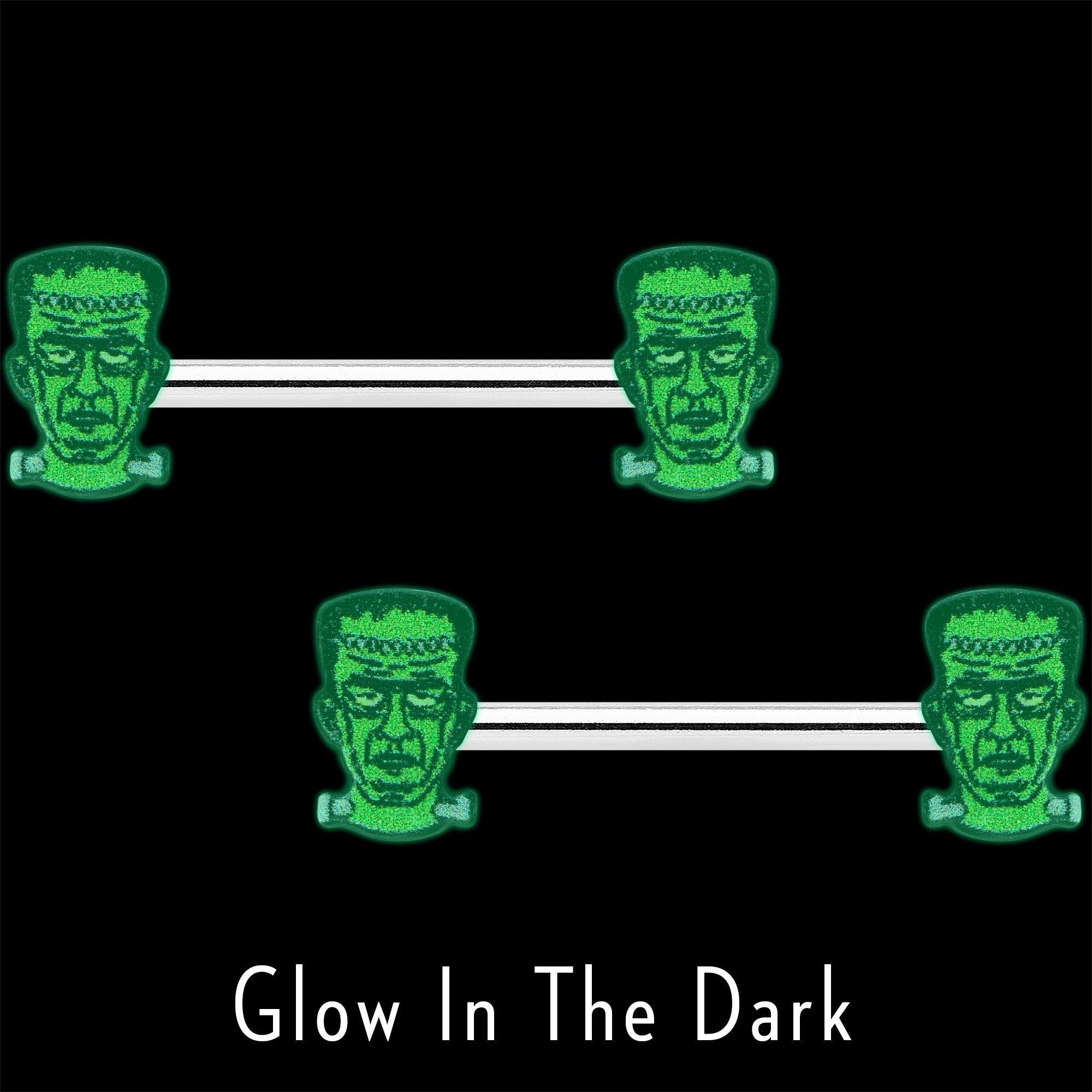 BodyCandy 14G 9/16 Frankenstein Head Green Glow in the Dark Nipple Ring Set — lifestyle context