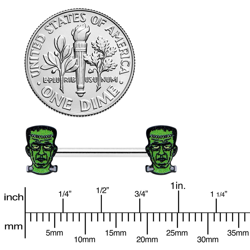 BodyCandy 14G 9/16 Frankenstein Head Green Glow in the Dark Nipple Ring Set — side view