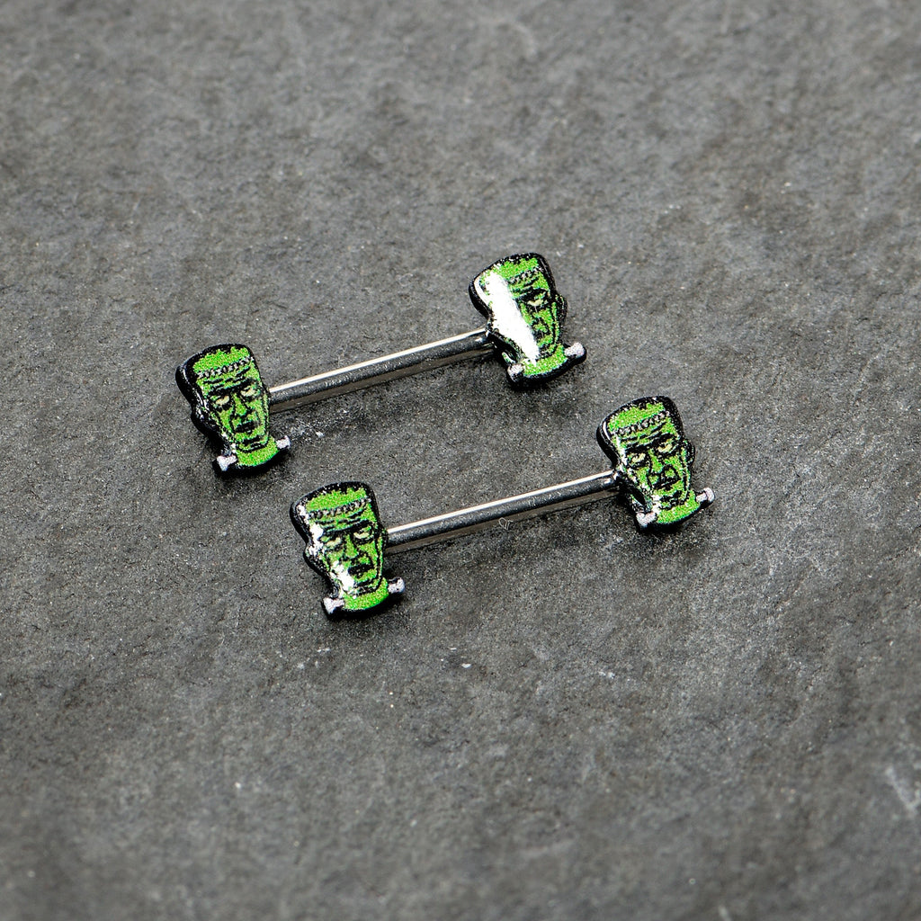 BodyCandy 14G 9/16 Frankenstein Head Green Glow in the Dark Nipple Ring Set — back view