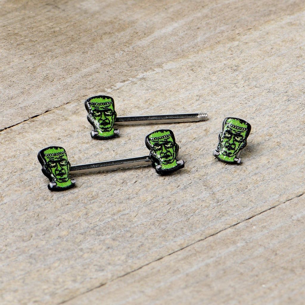 BodyCandy 14G 9/16 Frankenstein Head Green Glow in the Dark Nipple Ring Set — alternative angle