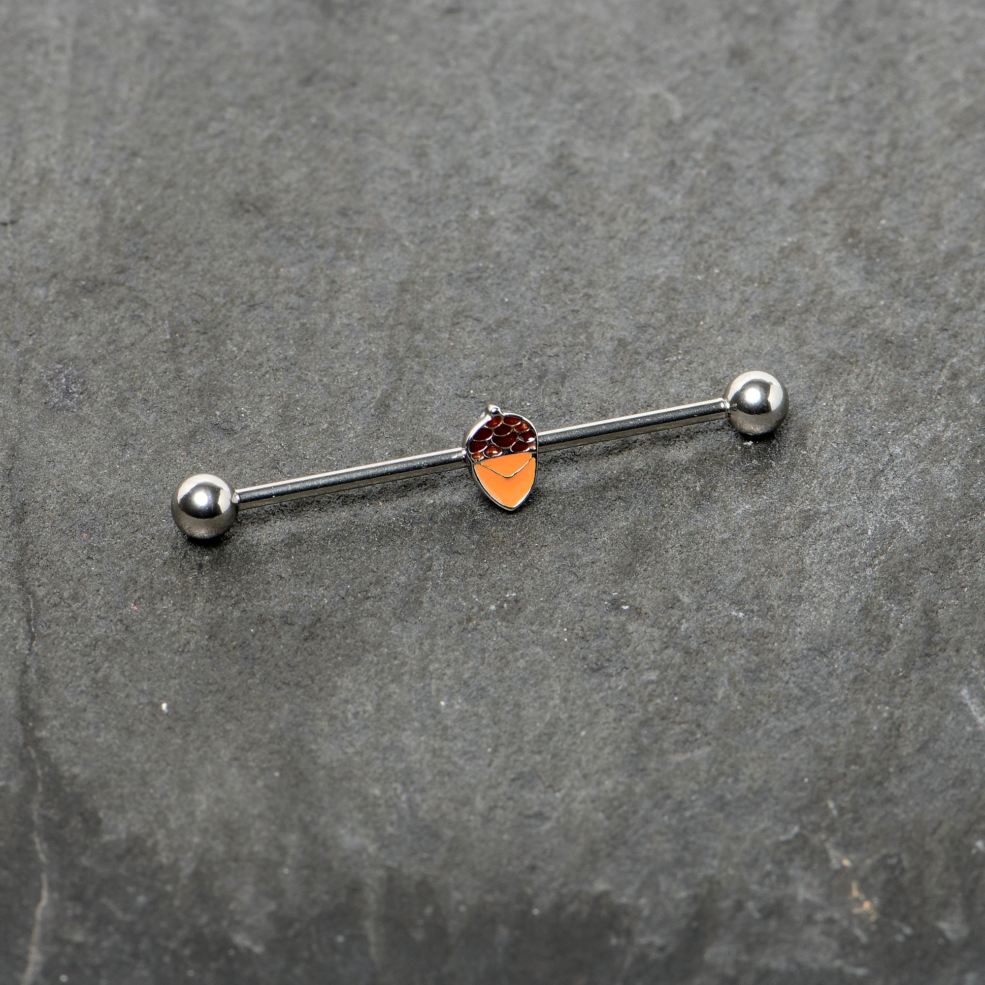 BodyCandy 14G Autumn Acorn Brown Orange Industrial Barbell 38mm — side view