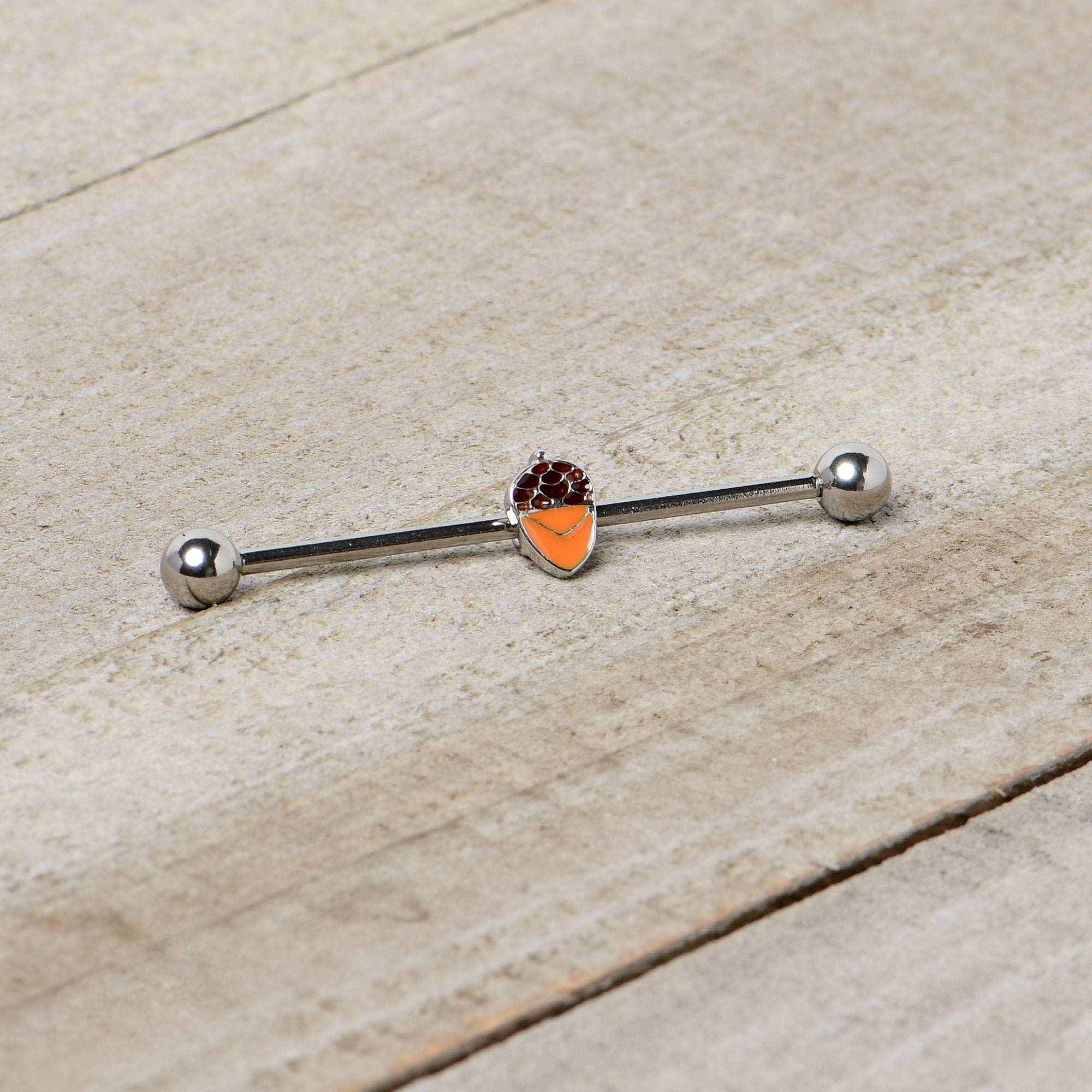 BodyCandy 14G Autumn Acorn Brown Orange Industrial Barbell 38mm — back view
