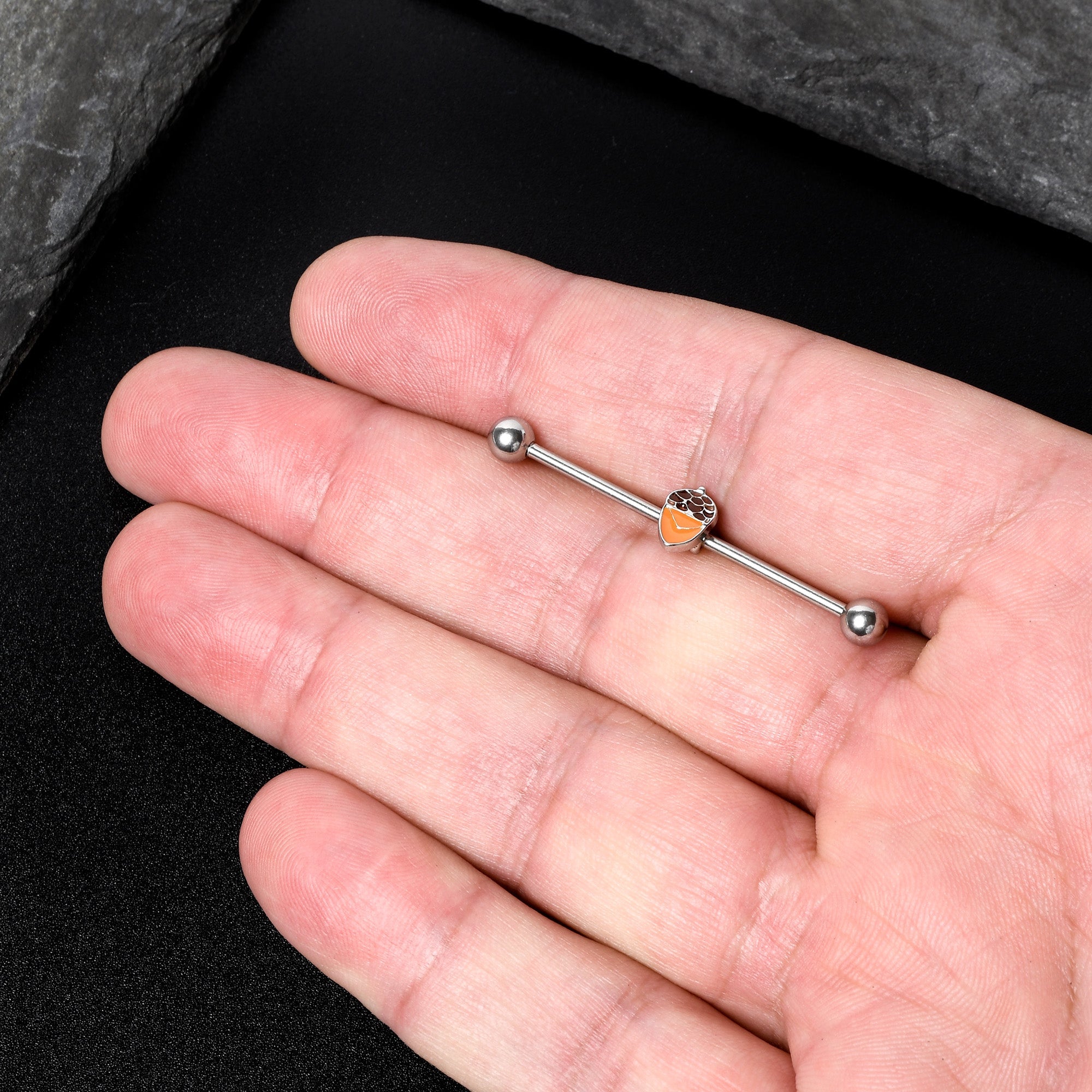 BodyCandy 14G Autumn Acorn Brown Orange Industrial Barbell 38mm — in-use photo