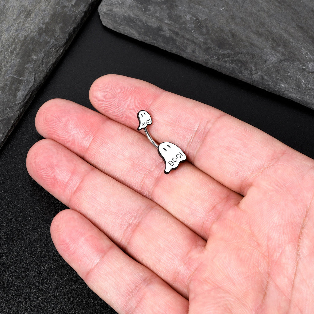 BodyCandy Halloween White Glow in the Dark Ghosts Double Mount Belly Ring — in-use photo