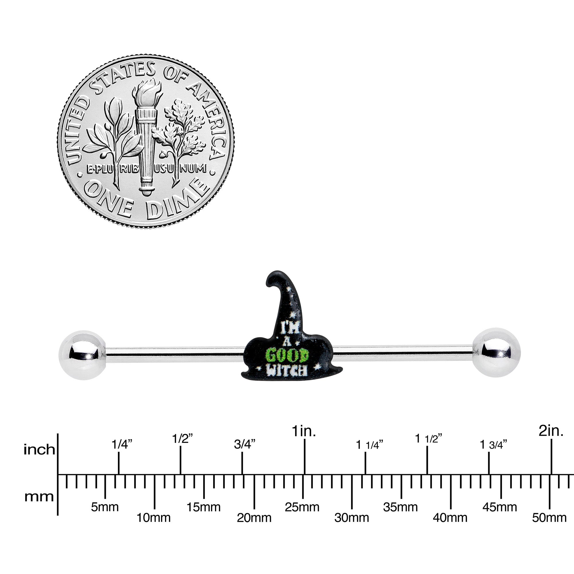 BodyCandy 14G Good Witch Hat Glow the Dark Halloween Industrial Barbell 38mm — side view