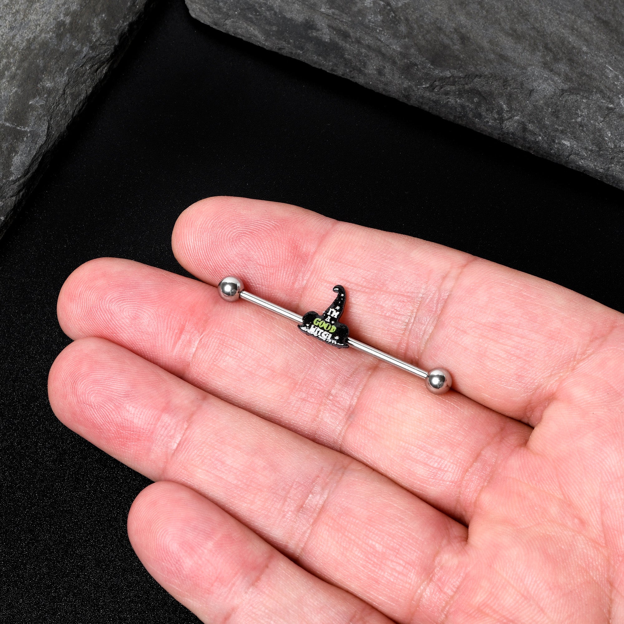 BodyCandy 14G Good Witch Hat Glow the Dark Halloween Industrial Barbell 38mm — in-use photo
