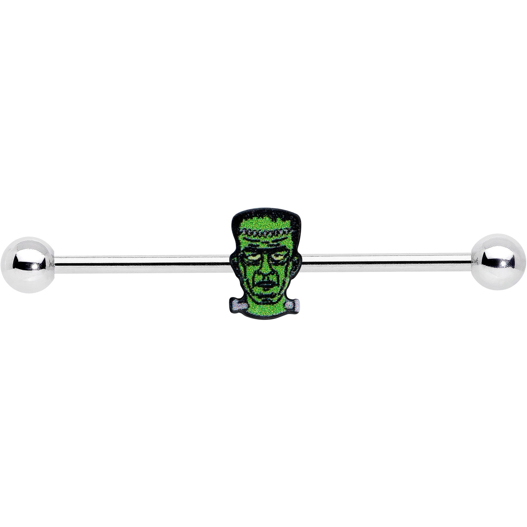 BodyCandy 14G Frankenstein Head Green Glow in Dark Industrial Barbell 38mm — detail close-up