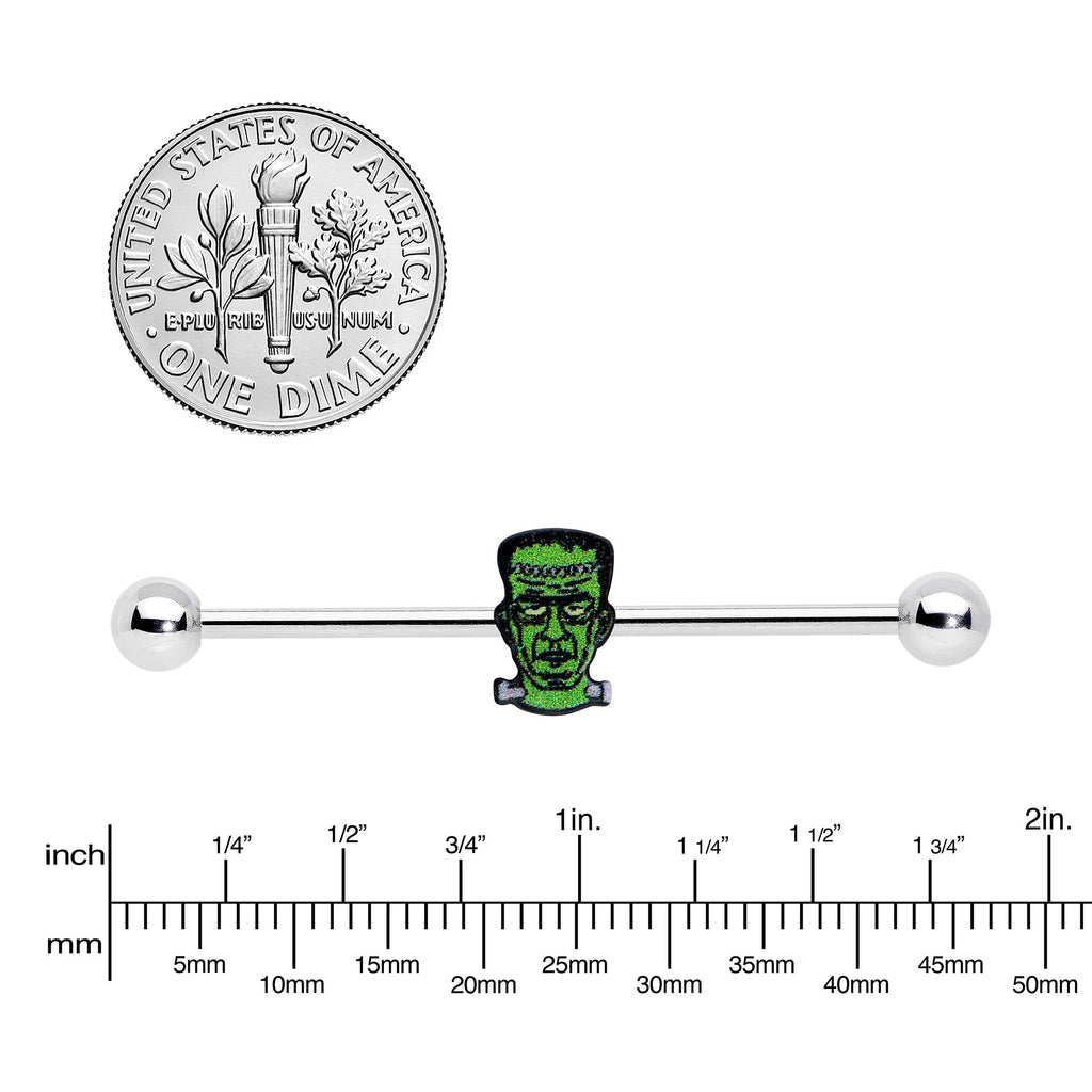 BodyCandy 14G Frankenstein Head Green Glow in Dark Industrial Barbell 38mm — side view