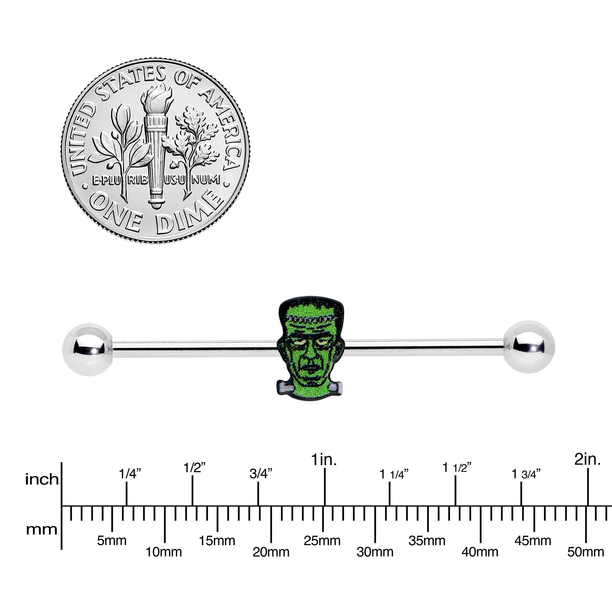 BodyCandy 14G Frankenstein Head Green Glow in Dark Industrial Barbell 38mm — side view