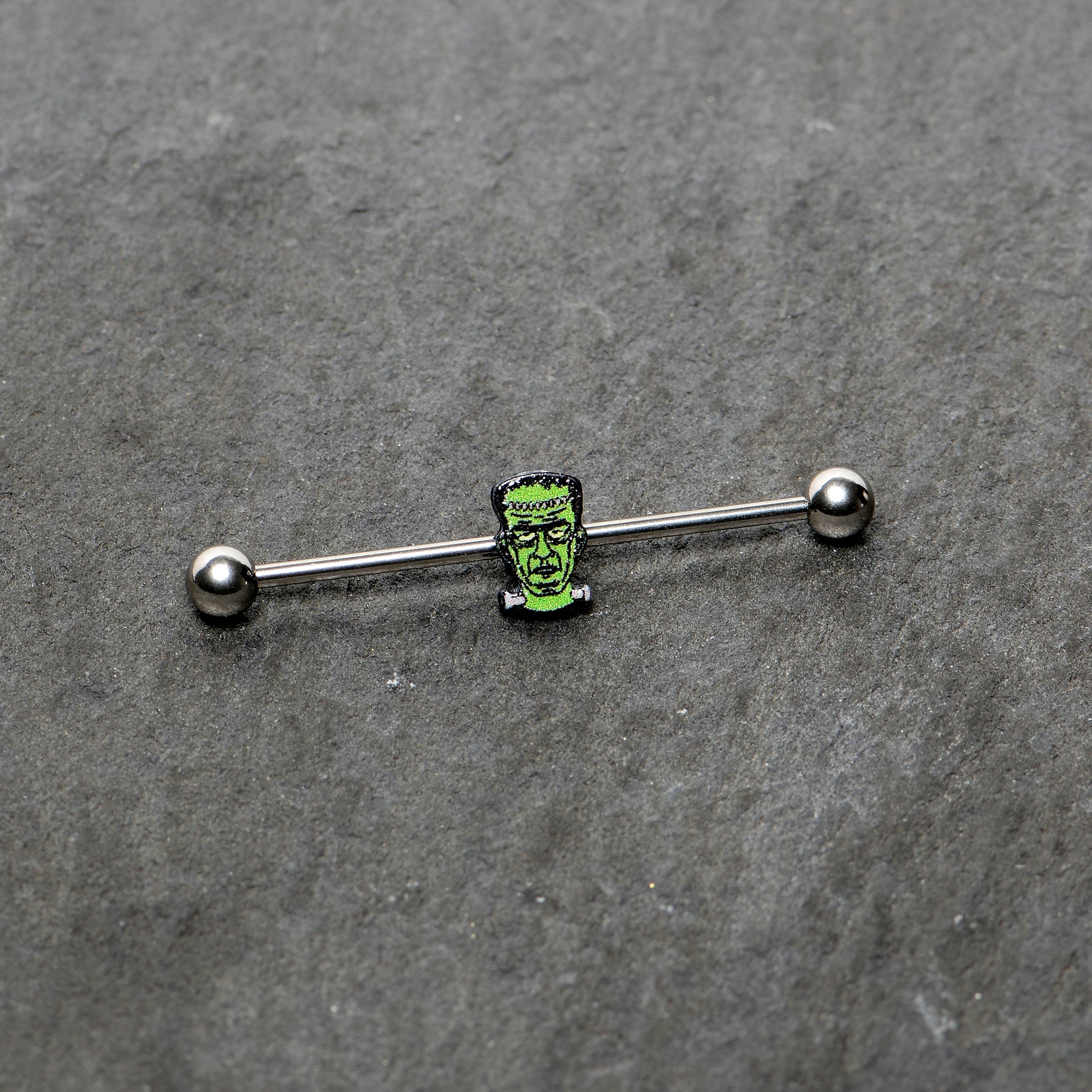 BodyCandy 14G Frankenstein Head Green Glow in Dark Industrial Barbell 38mm — back view