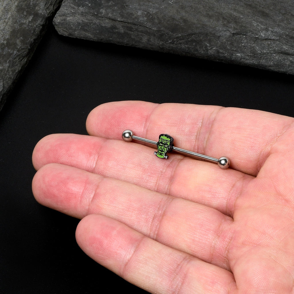 BodyCandy 14G Frankenstein Head Green Glow in Dark Industrial Barbell 38mm — in-use photo