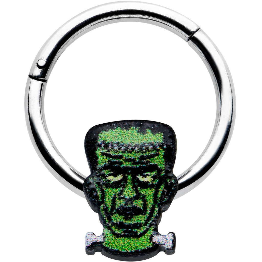 BodyCandy 16G 3/8 Frankenstein Head Green Glow in Dark Hinged Segment Ring — main product shot