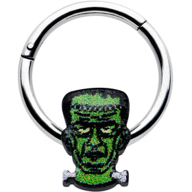 16G 3/8 Frankenstein Head Green Glow in Dark Hinged Segment Ring