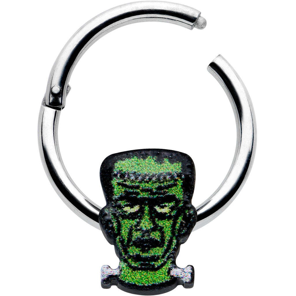 BodyCandy 16G 3/8 Frankenstein Head Green Glow in Dark Hinged Segment Ring — detail close-up