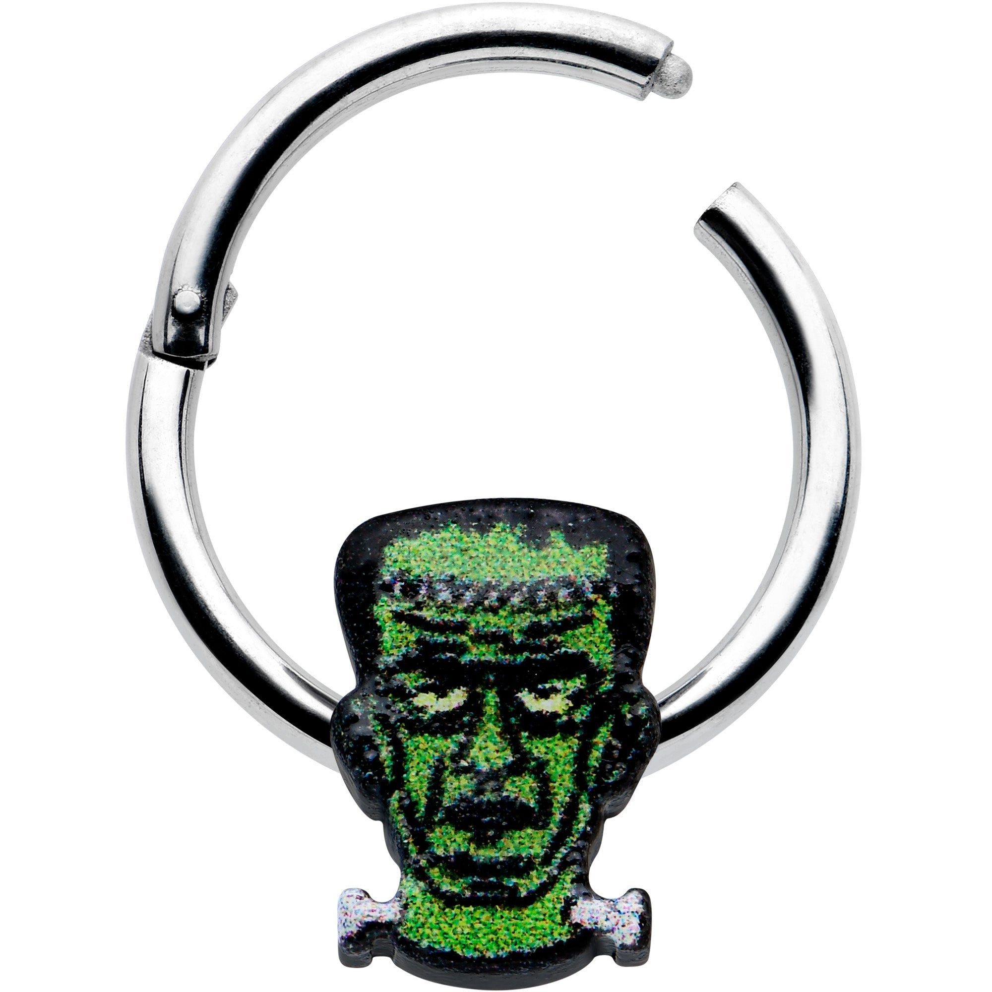 BodyCandy 16G 3/8 Frankenstein Head Green Glow in Dark Hinged Segment Ring — detail close-up
