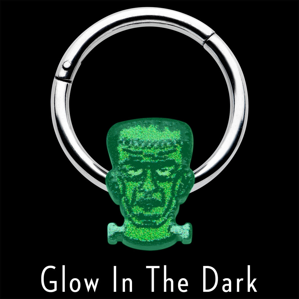 BodyCandy 16G 3/8 Frankenstein Head Green Glow in Dark Hinged Segment Ring — lifestyle context