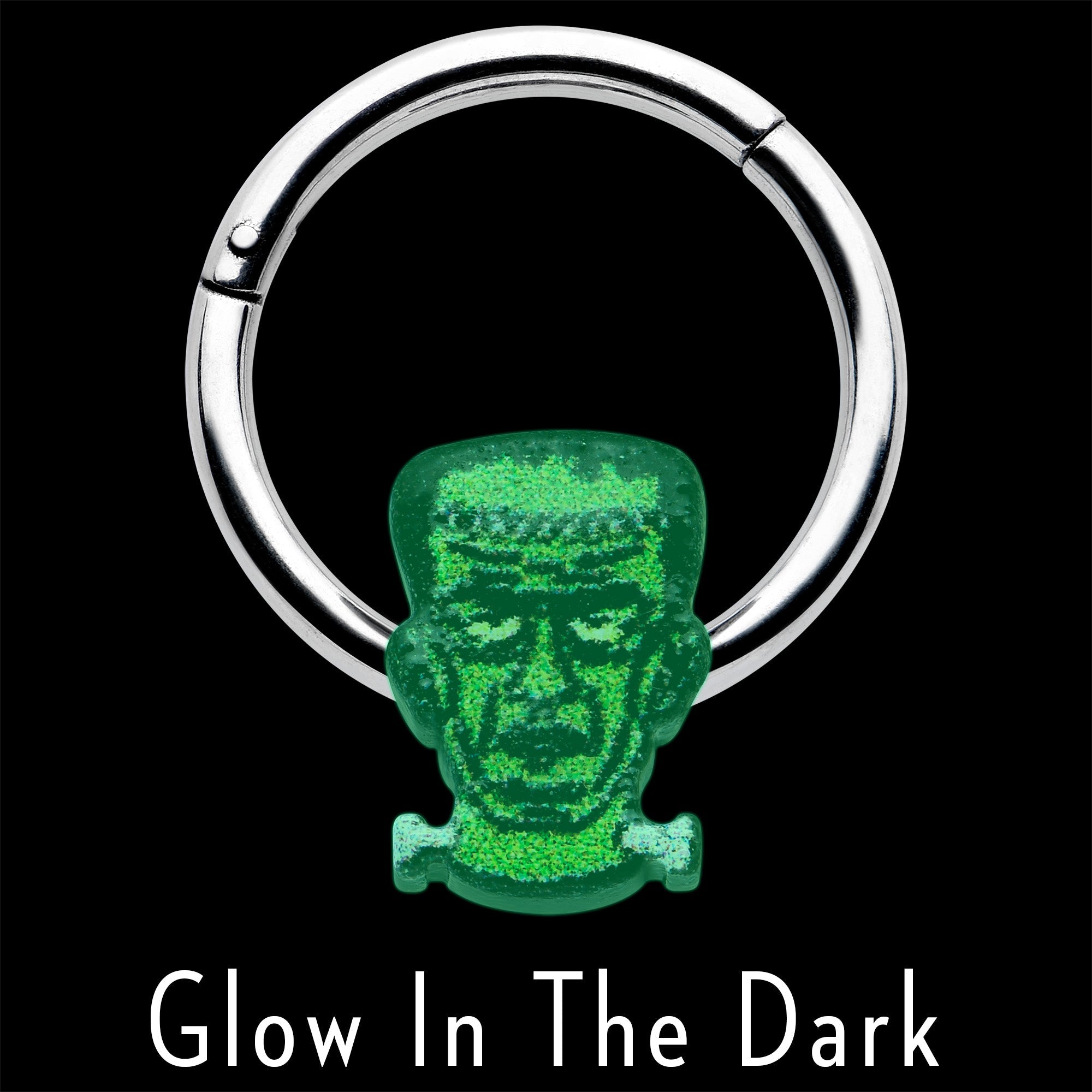 BodyCandy 16G 3/8 Frankenstein Head Green Glow in Dark Hinged Segment Ring — lifestyle context