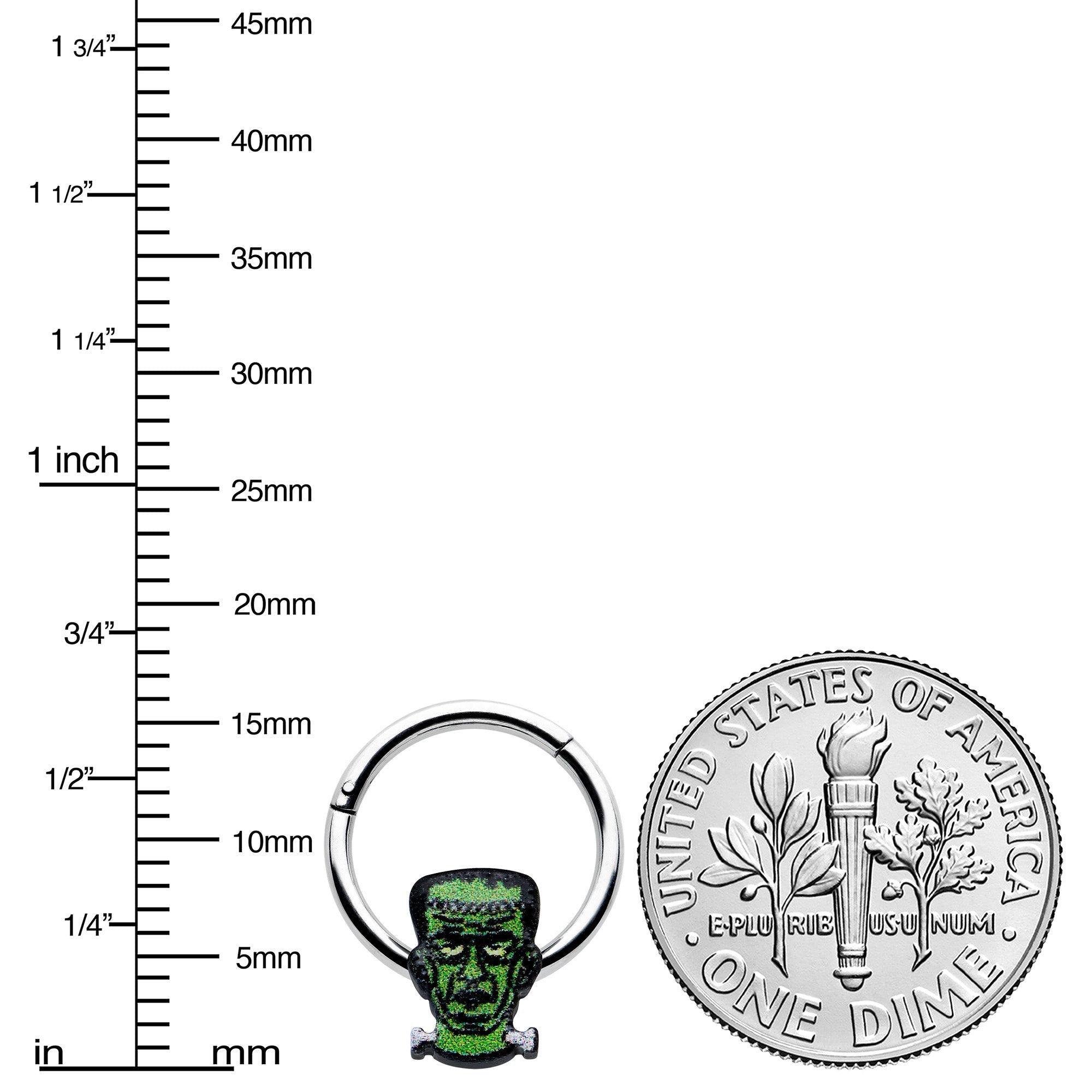 BodyCandy 16G 3/8 Frankenstein Head Green Glow in Dark Hinged Segment Ring — side view
