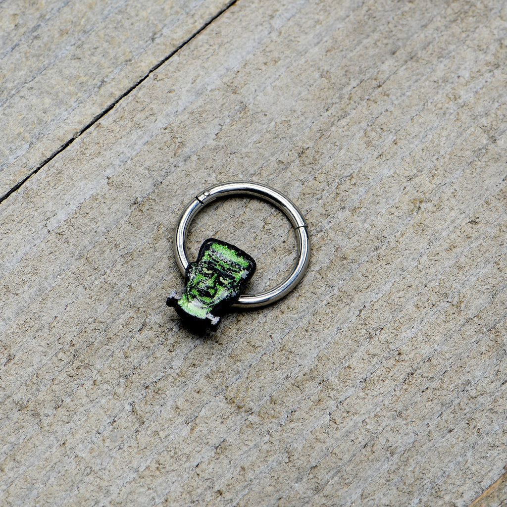 BodyCandy 16G 3/8 Frankenstein Head Green Glow in Dark Hinged Segment Ring — alternative angle