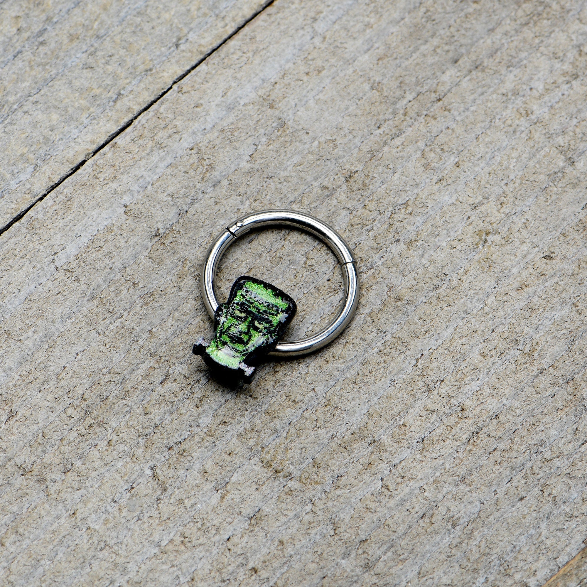 BodyCandy 16G 3/8 Frankenstein Head Green Glow in Dark Hinged Segment Ring — alternative angle