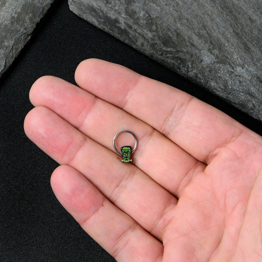 BodyCandy 16G 3/8 Frankenstein Head Green Glow in Dark Hinged Segment Ring — size reference