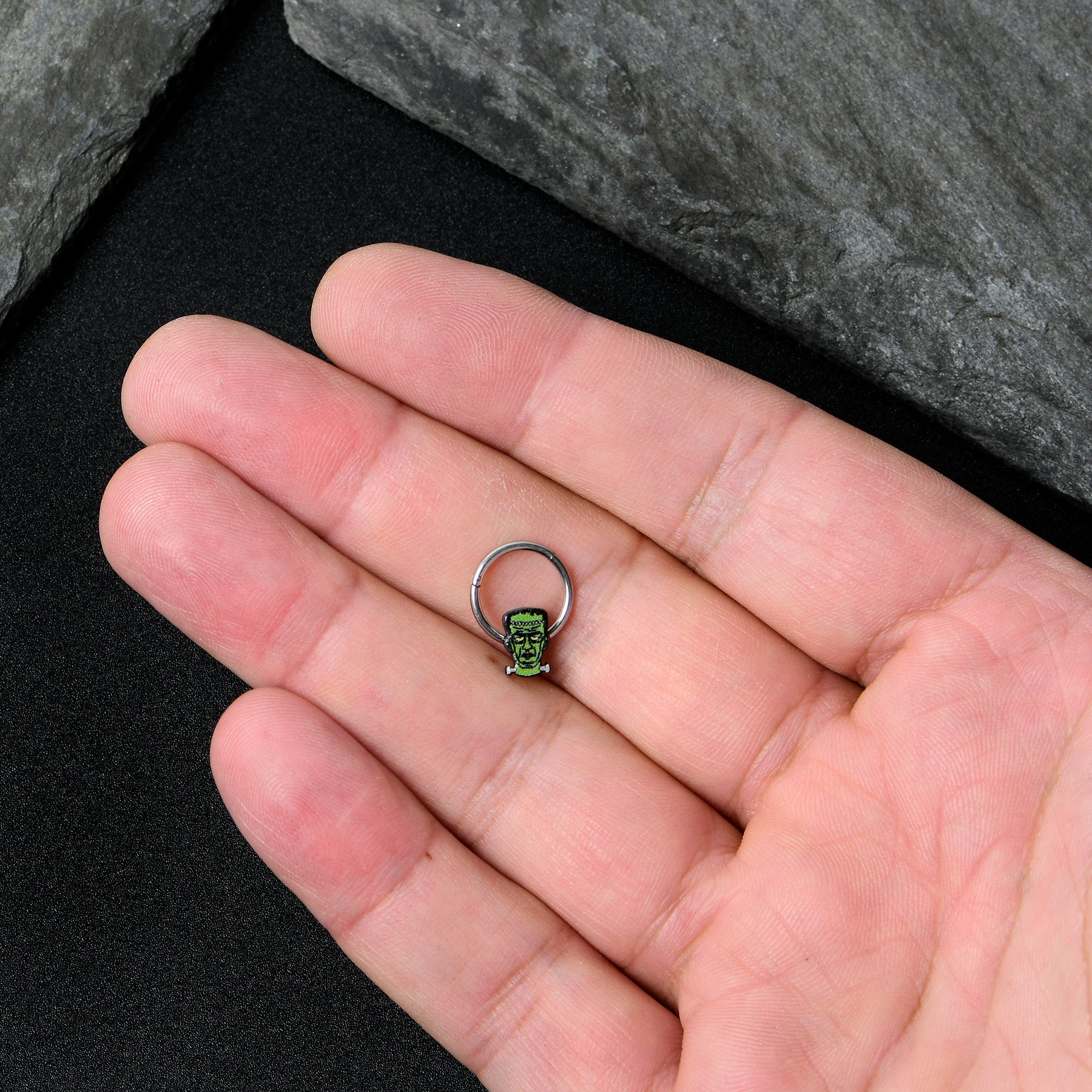 BodyCandy 16G 3/8 Frankenstein Head Green Glow in Dark Hinged Segment Ring — size reference