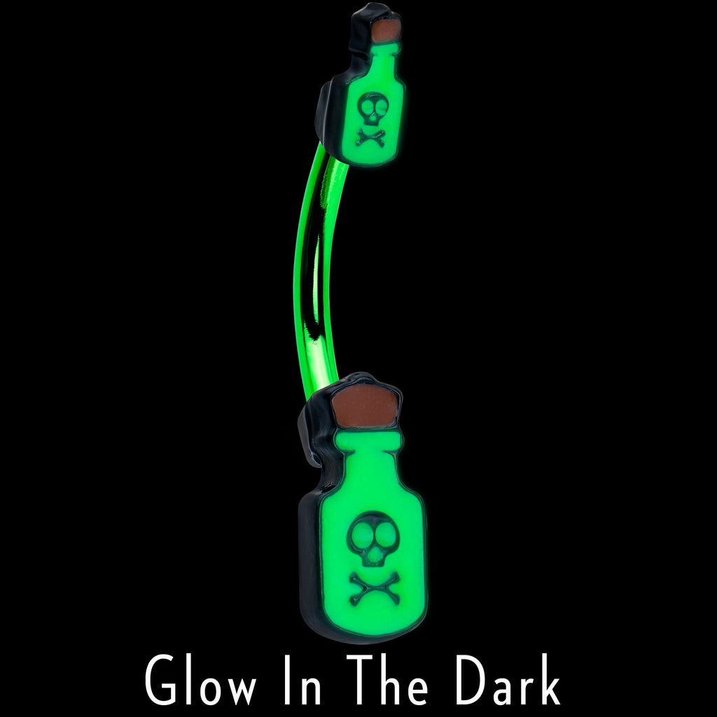 BodyCandy Green Poison Bottle Glow in the Dark Halloween Double Mount Belly Ring — detail close-up
