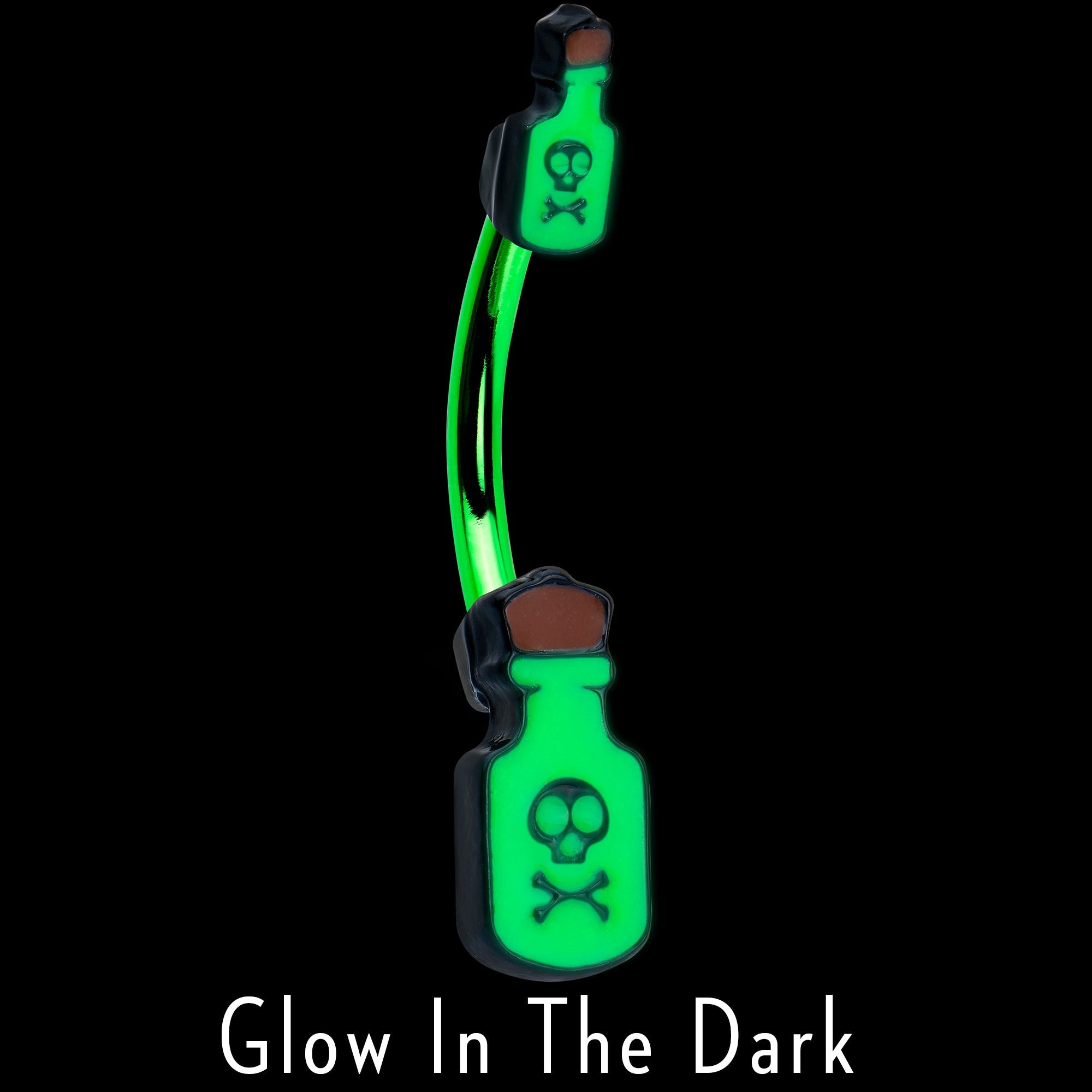 BodyCandy Green Poison Bottle Glow in the Dark Halloween Double Mount Belly Ring — detail close-up