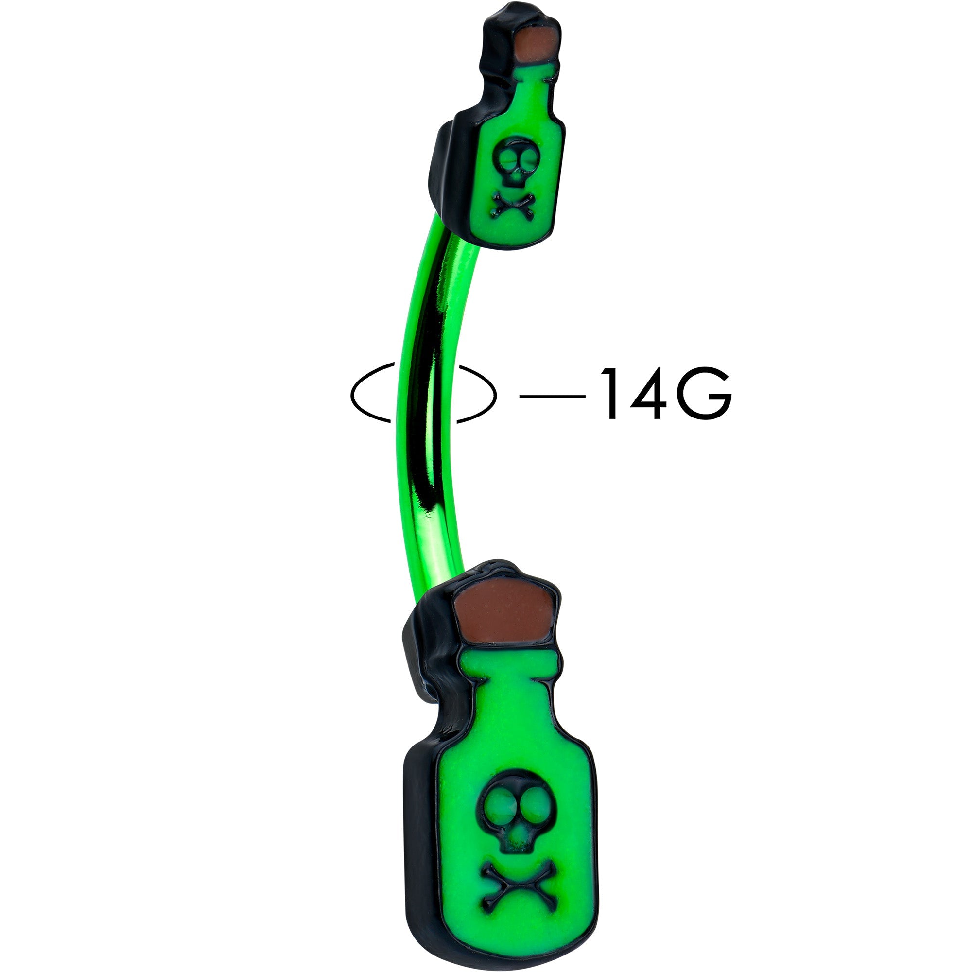 BodyCandy Green Poison Bottle Glow in the Dark Halloween Double Mount Belly Ring — lifestyle context
