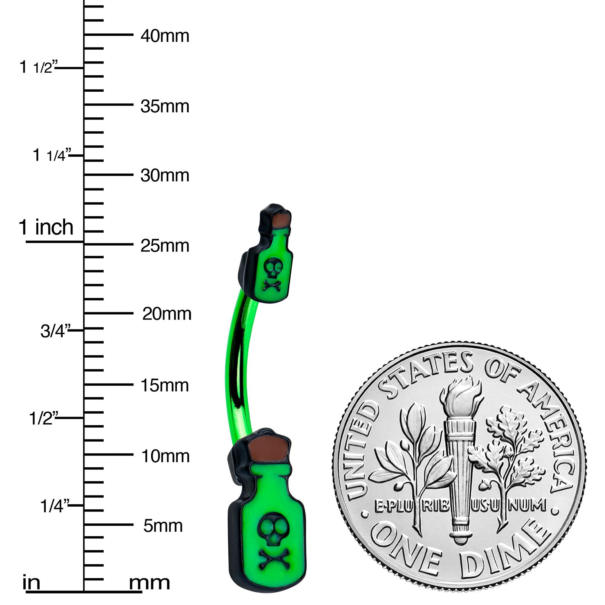 BodyCandy Green Poison Bottle Glow in the Dark Halloween Double Mount Belly Ring — side view