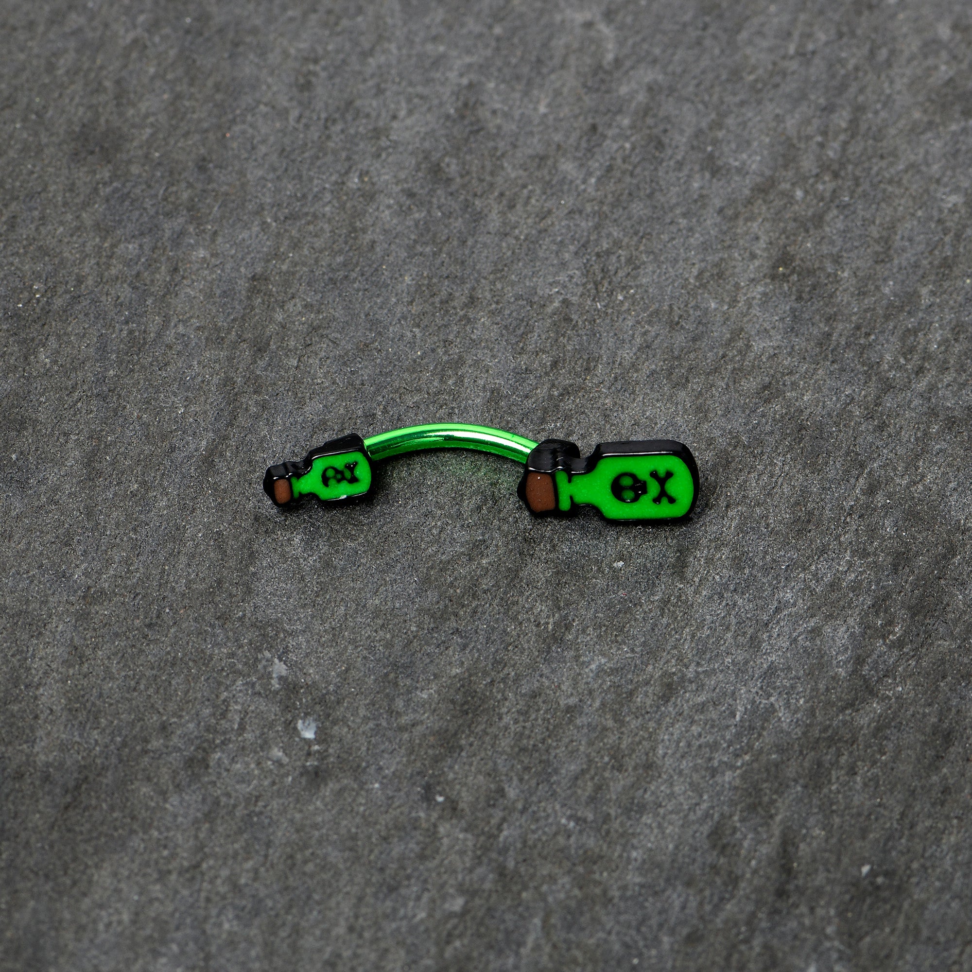 BodyCandy Green Poison Bottle Glow in the Dark Halloween Double Mount Belly Ring — back view