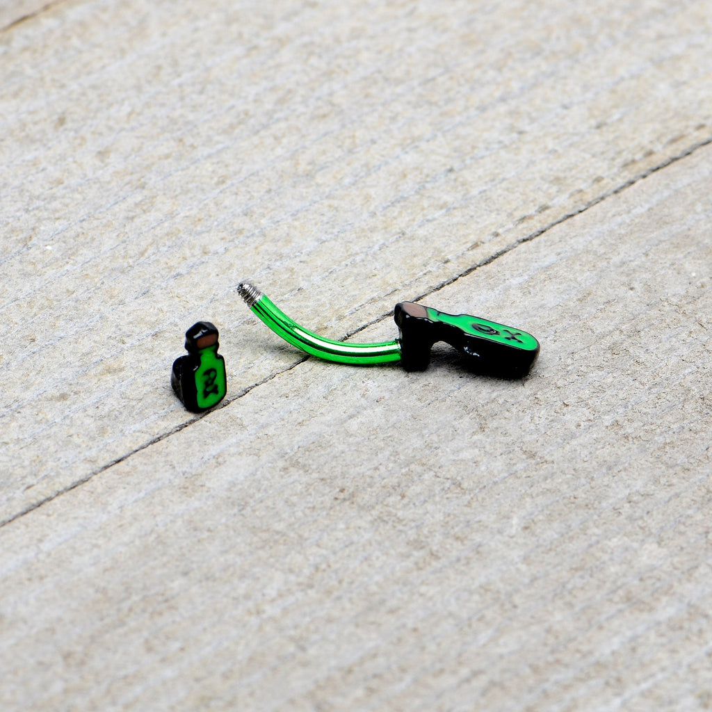 BodyCandy Green Poison Bottle Glow in the Dark Halloween Double Mount Belly Ring — in-use photo