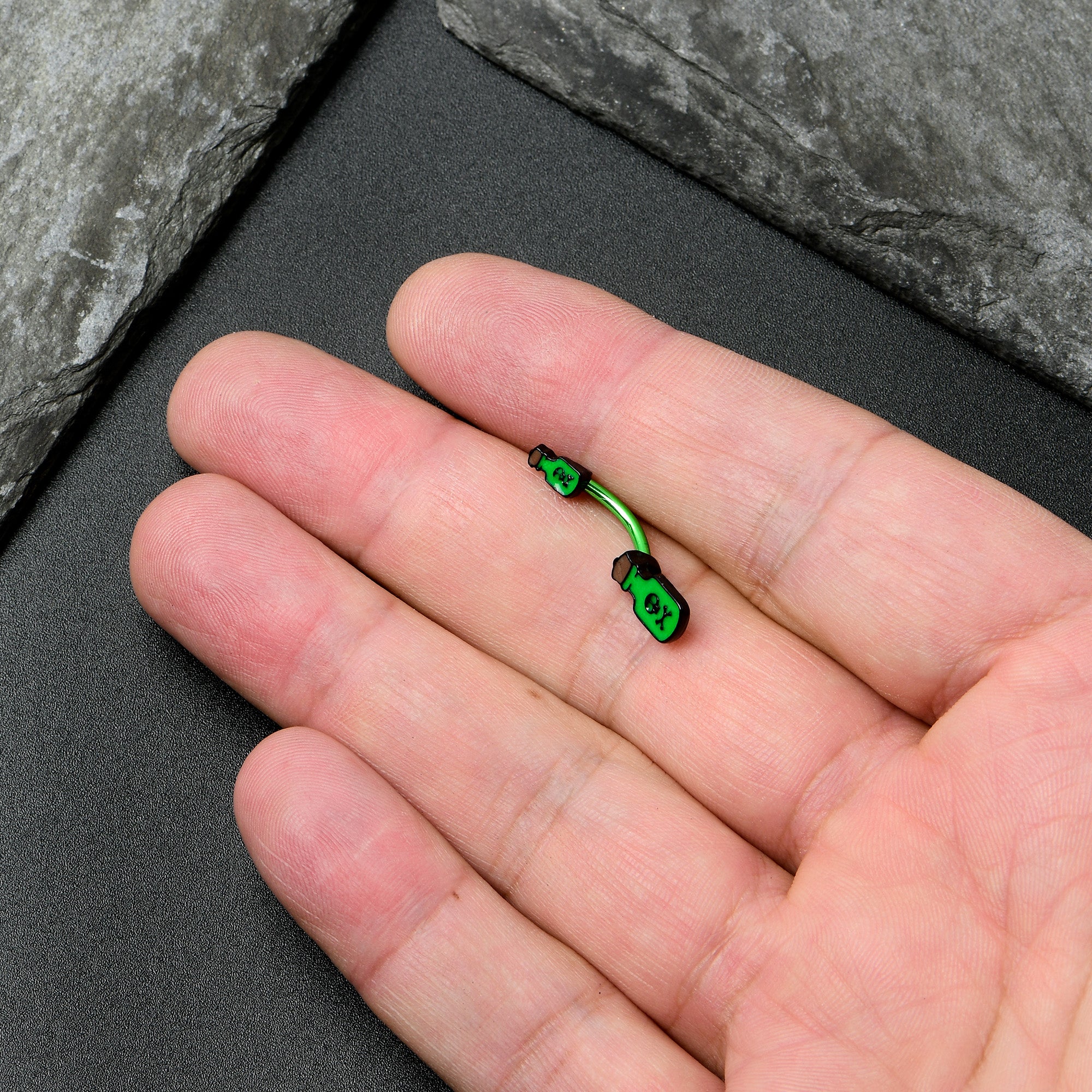 BodyCandy Green Poison Bottle Glow in the Dark Halloween Double Mount Belly Ring — size reference
