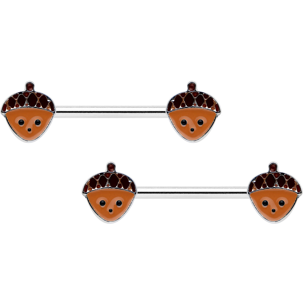 BodyCandy 14G 9/16 Autumn Acorn Face Brown Fall Barbell Nipple Ring Set — main product shot
