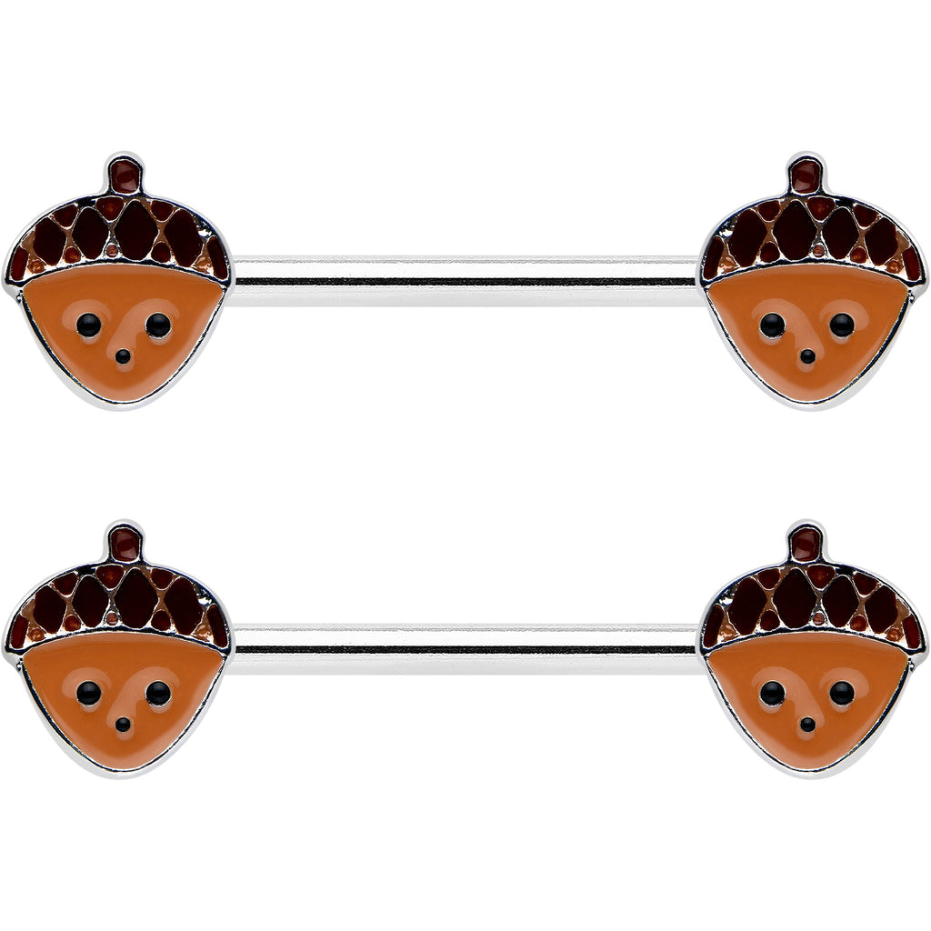 BodyCandy 14G 9/16 Autumn Acorn Face Brown Fall Barbell Nipple Ring Set — detail close-up