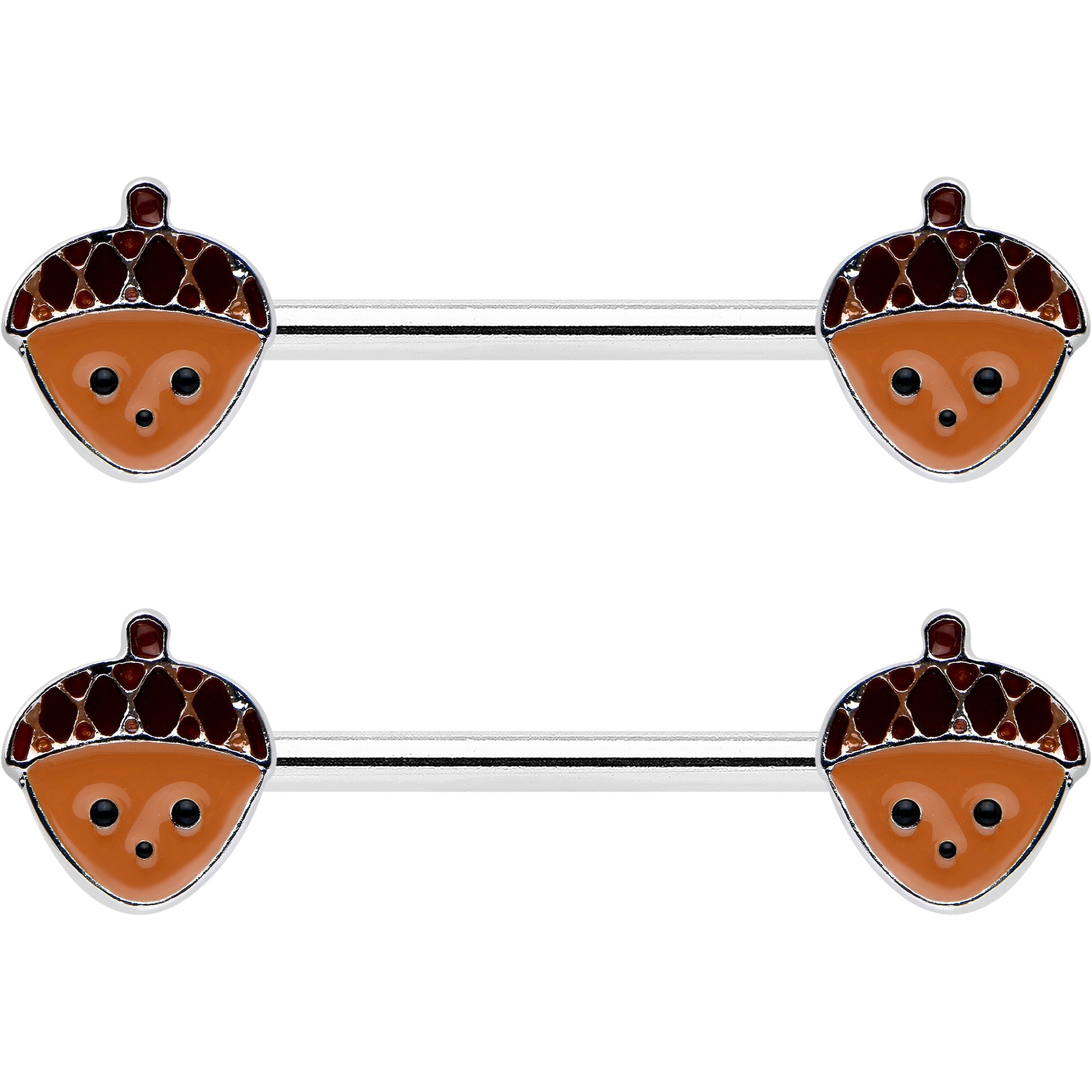 BodyCandy 14G 9/16 Autumn Acorn Face Brown Fall Barbell Nipple Ring Set — detail close-up