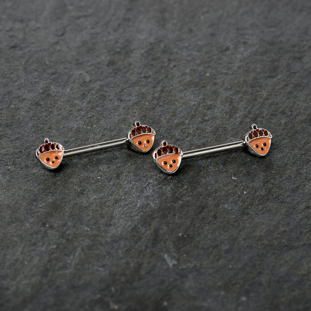 BodyCandy 14G 9/16 Autumn Acorn Face Brown Fall Barbell Nipple Ring Set — side view