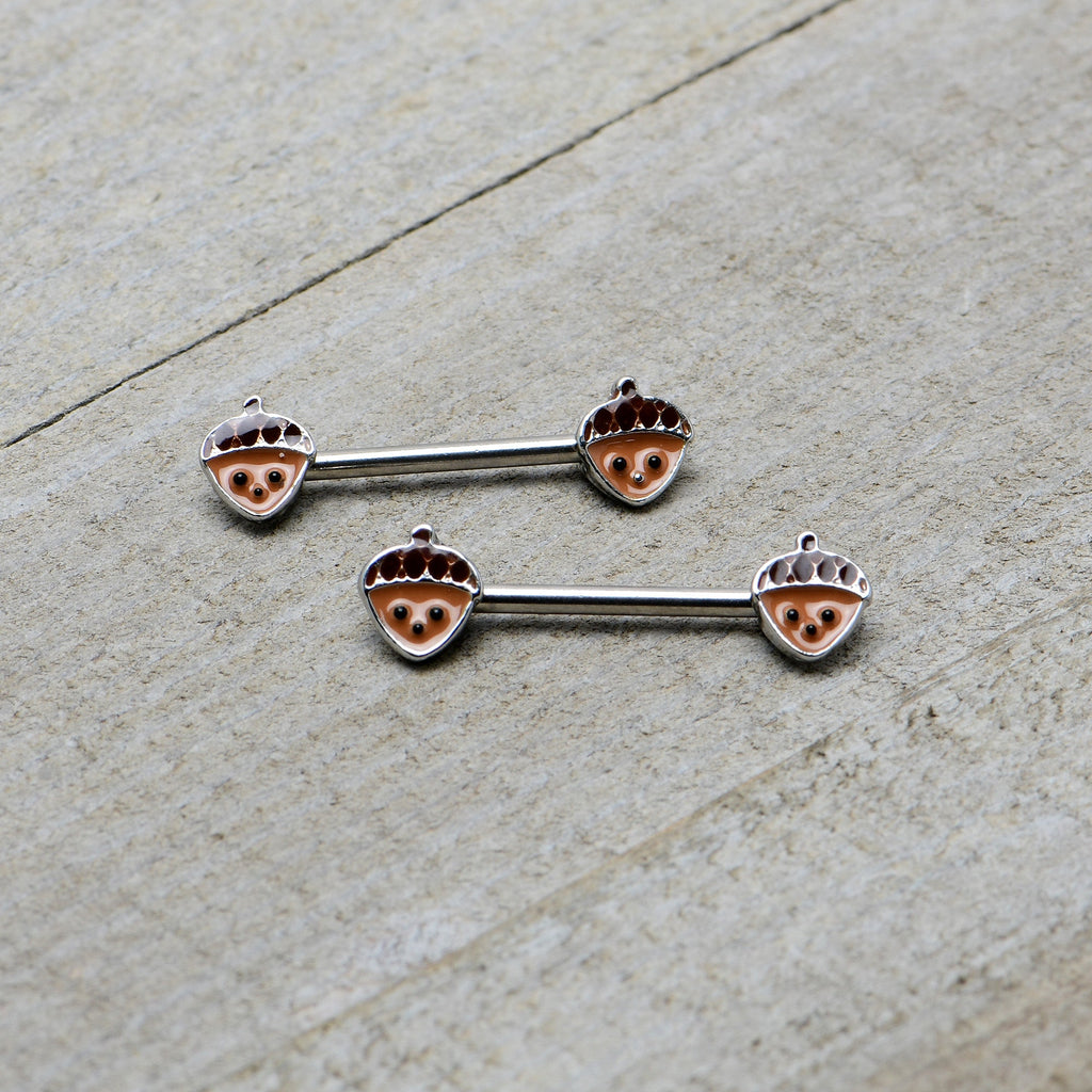 BodyCandy 14G 9/16 Autumn Acorn Face Brown Fall Barbell Nipple Ring Set — back view