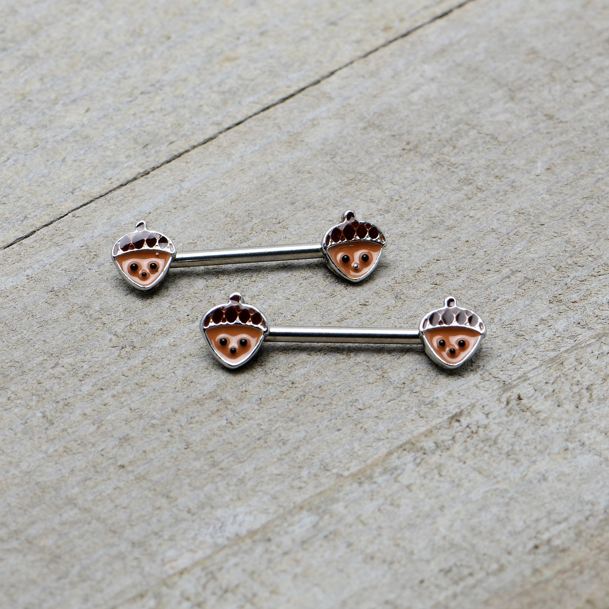 BodyCandy 14G 9/16 Autumn Acorn Face Brown Fall Barbell Nipple Ring Set — back view