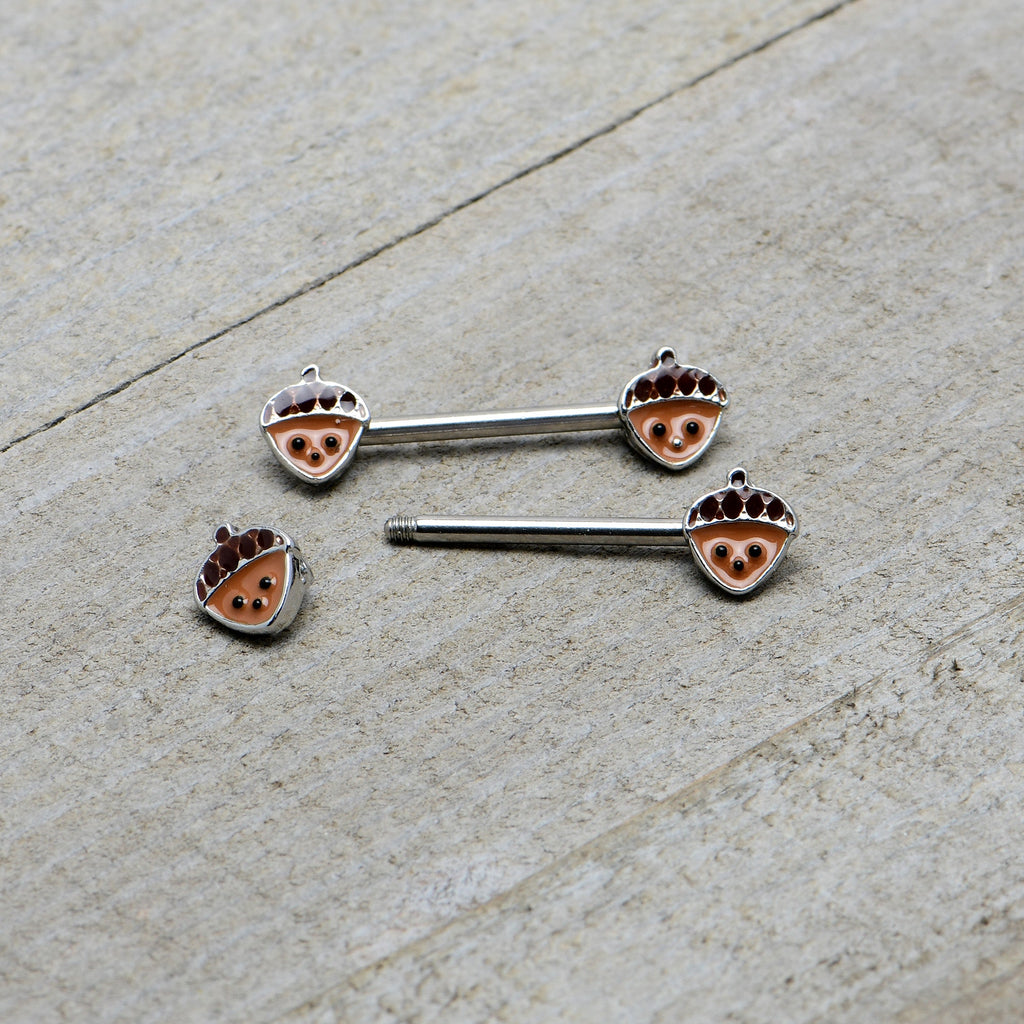 BodyCandy 14G 9/16 Autumn Acorn Face Brown Fall Barbell Nipple Ring Set — alternative angle