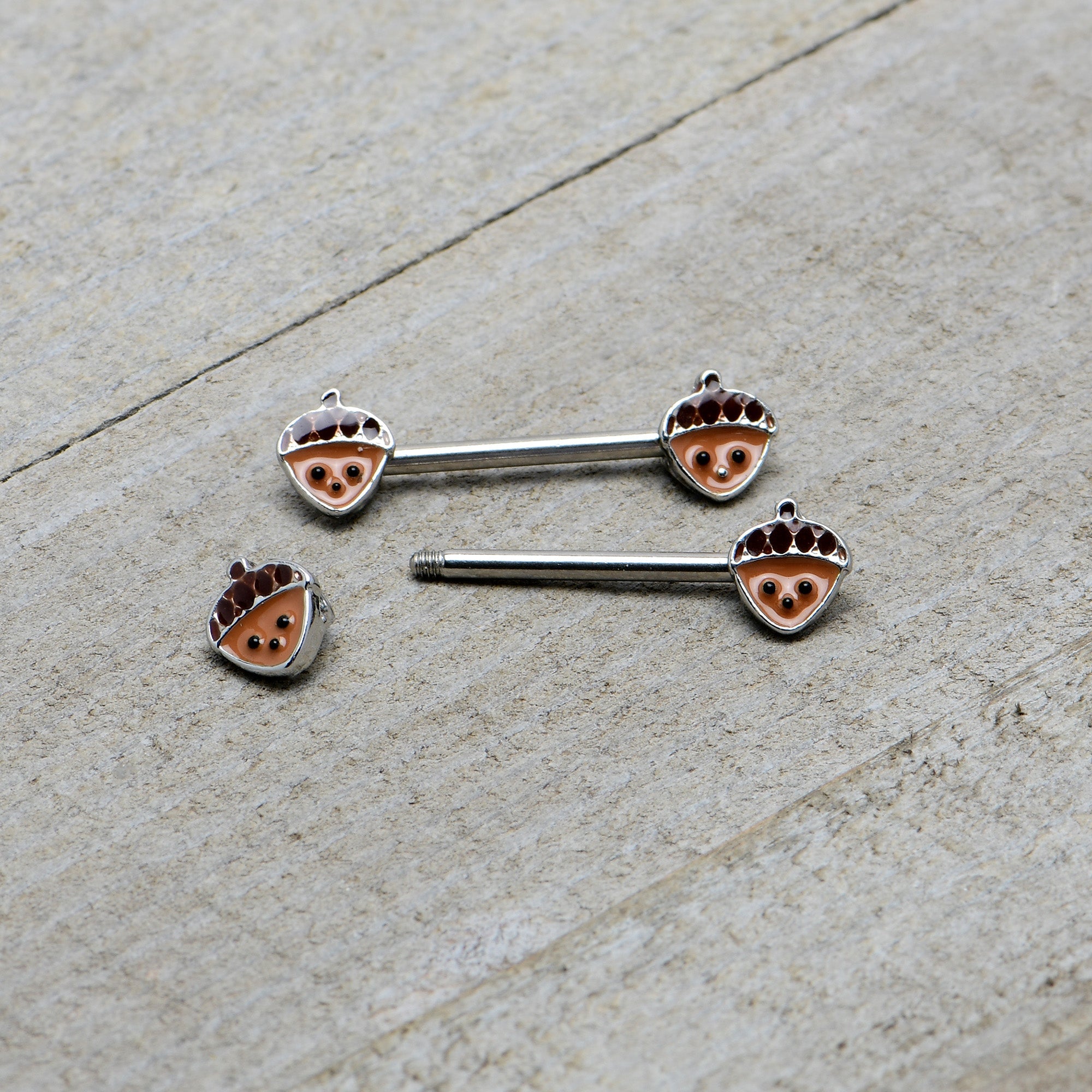 BodyCandy 14G 9/16 Autumn Acorn Face Brown Fall Barbell Nipple Ring Set — alternative angle
