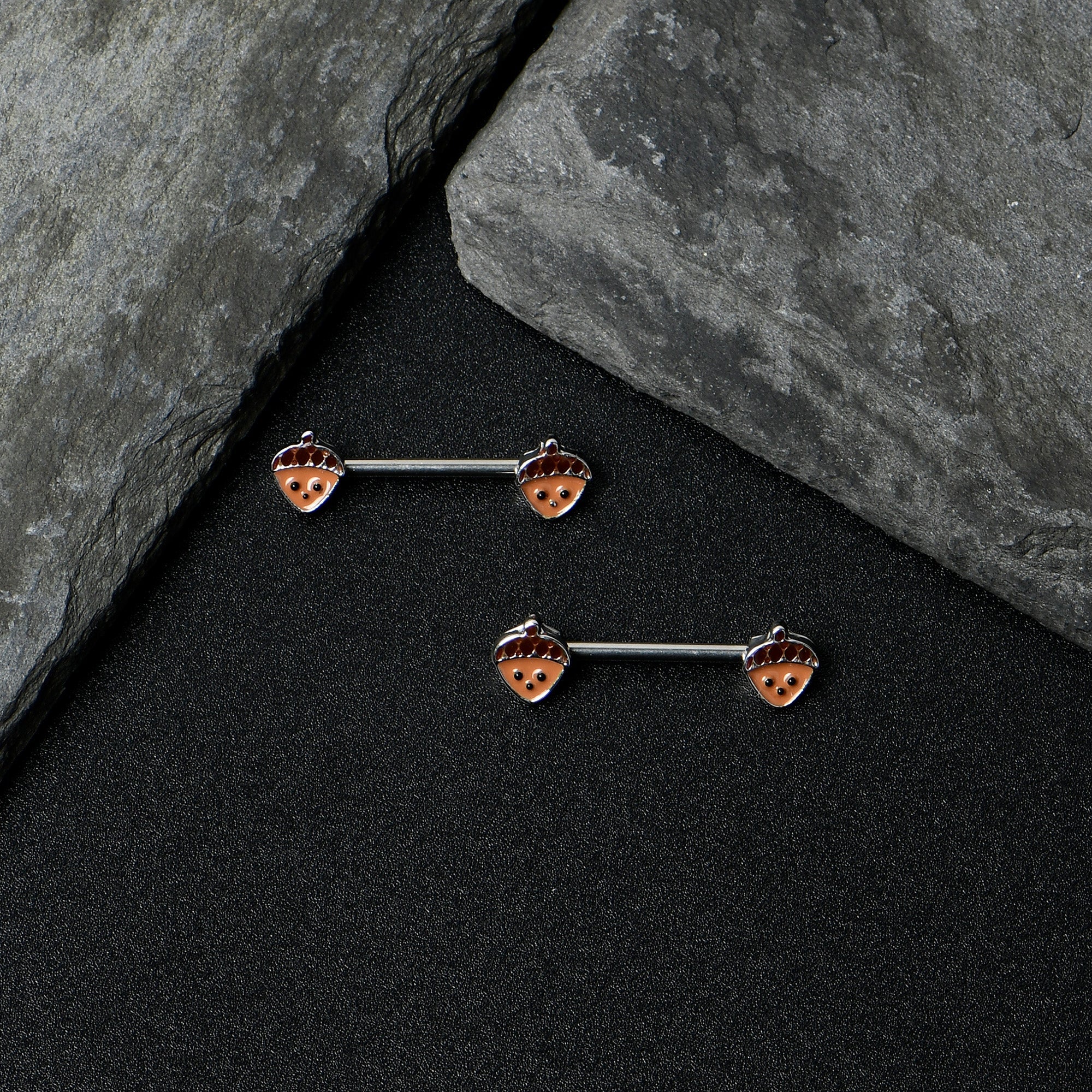BodyCandy 14G 9/16 Autumn Acorn Face Brown Fall Barbell Nipple Ring Set — in-use photo