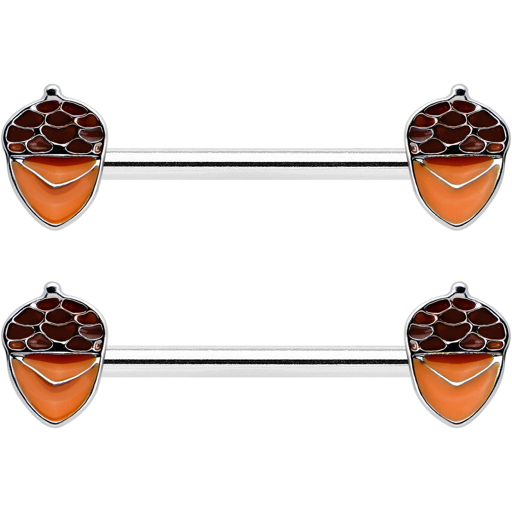 BodyCandy 14G 9/16 Autumn Acorn Brown Orange Barbell Nipple Ring Set — detail close-up