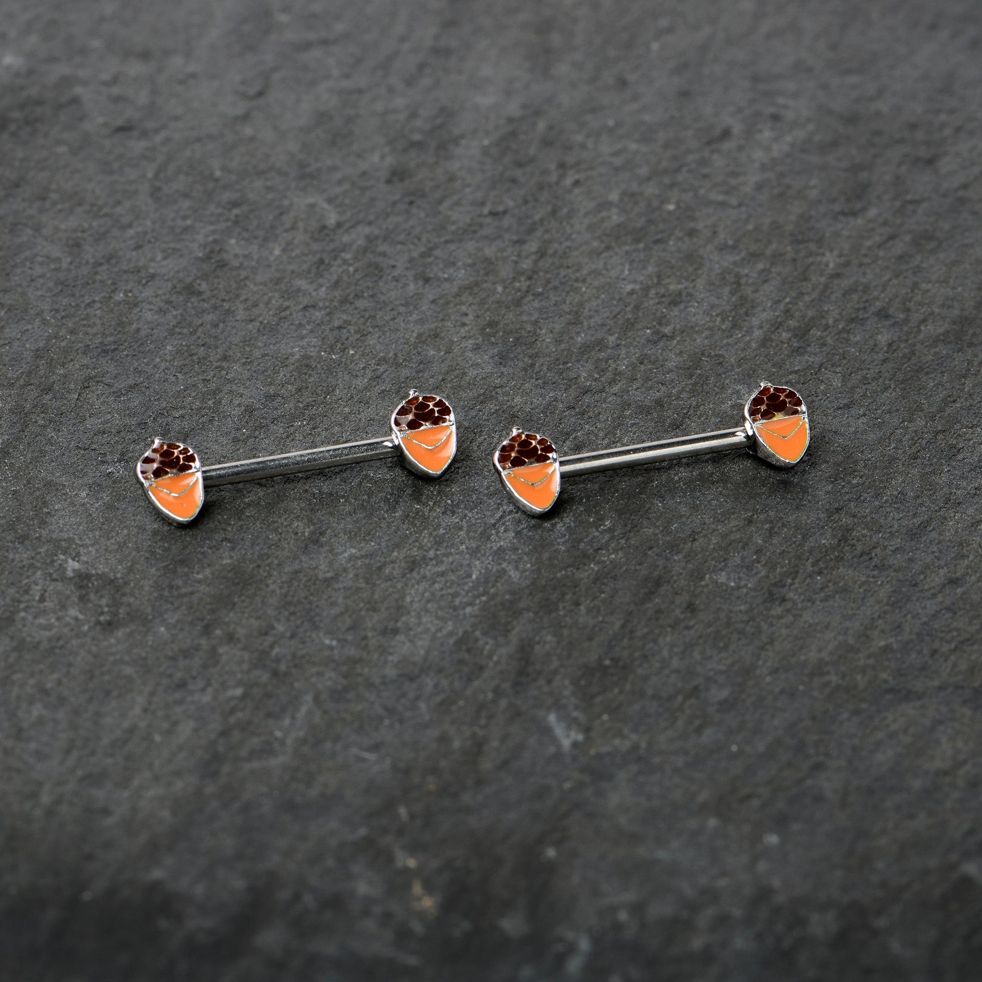 BodyCandy 14G 9/16 Autumn Acorn Brown Orange Barbell Nipple Ring Set — side view