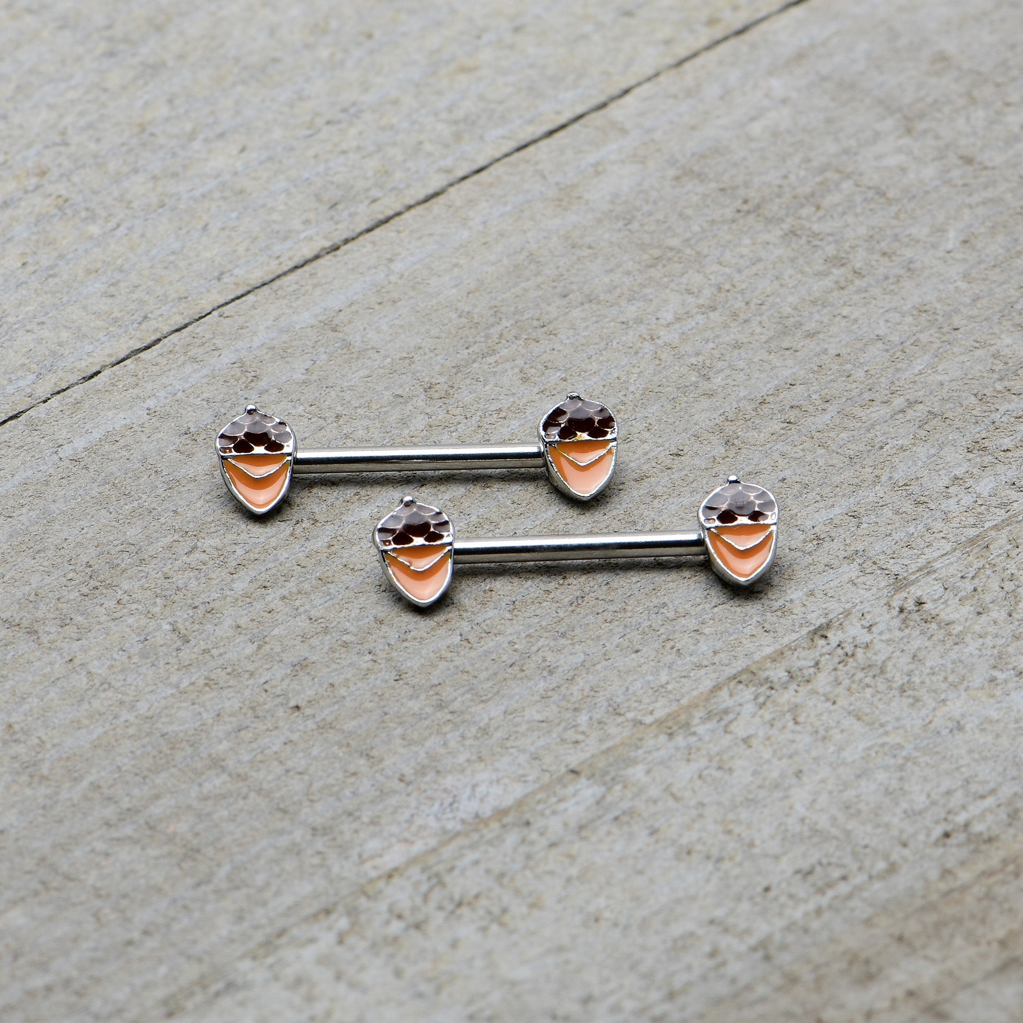 BodyCandy 14G 9/16 Autumn Acorn Brown Orange Barbell Nipple Ring Set — back view