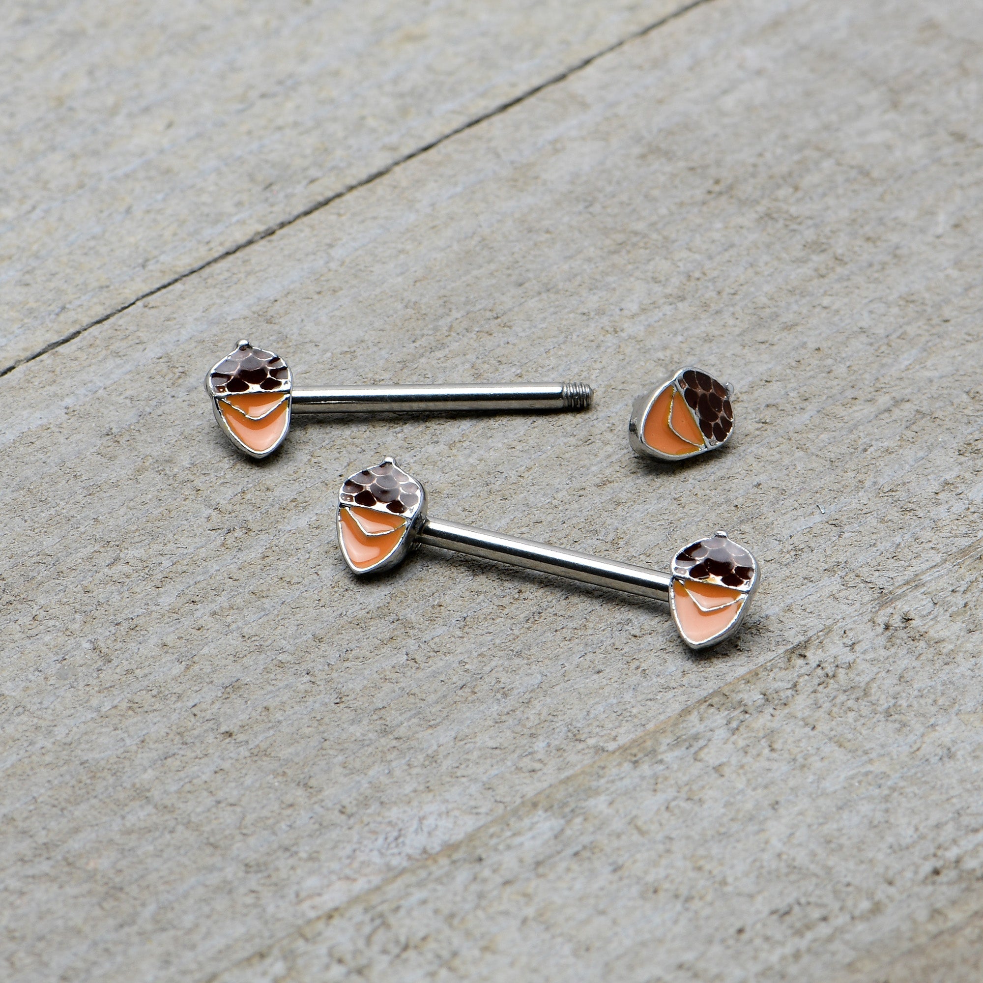 BodyCandy 14G 9/16 Autumn Acorn Brown Orange Barbell Nipple Ring Set — alternative angle